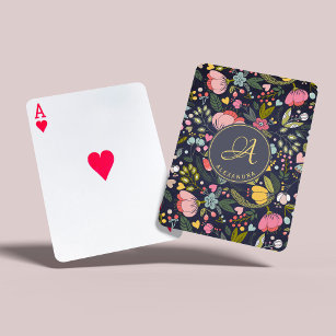 Rosa gelbe graue Blumenmuster Monogramm-Bezeichnun Spielkarten