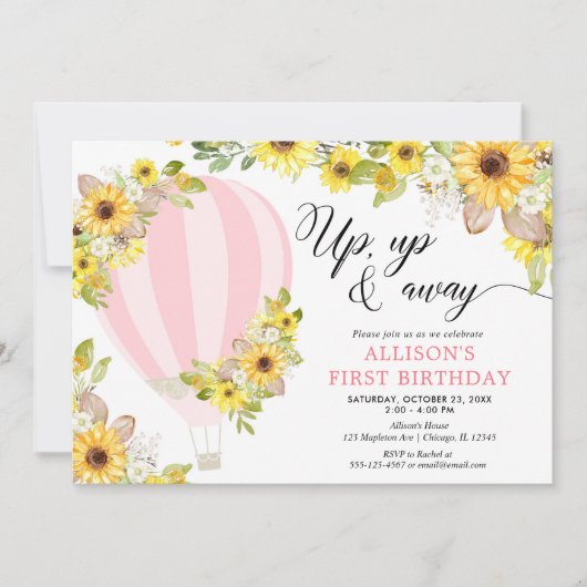 Rosa gelbe Heißluftballon Sonnenblumen Geburtstag Einladung (Vorderseite)