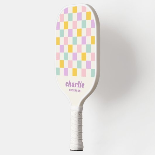 Rosa gelbe lila-blaue Schachbrettrückwand Pickleball Schläger (Links)