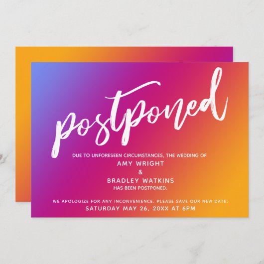 Rosa Gelbe Ombre Gradient Weded Postponed Card Einladung (Vorne/Hinten)