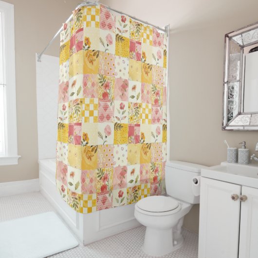 Rosa gelbe Patchwork-Decke im rustikalen Blumen-Re Duschvorhang (Beispiel)