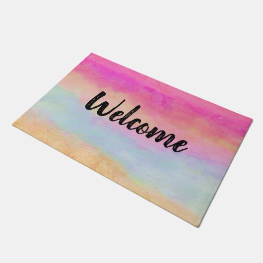 Rosa Gelbe Regenbogen Abstrakte Streifen Fußmatte (Schrägansicht)