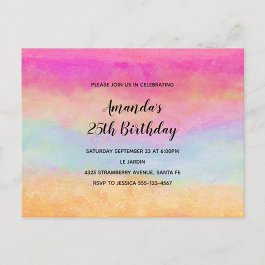 Rosa Gelbe Regenbogen Abstrakte Streifen Geburtsta Einladungspostkarte (Vorderseite)