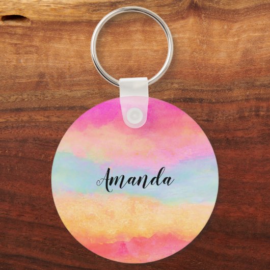 Rosa Gelbe Regenbogen Abstrakte Streifen Schlüsselanhänger (Vorderseite)