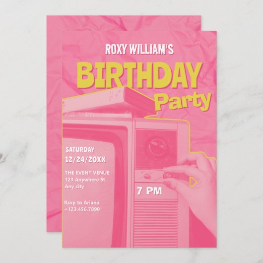 Rosa gelbe Retro-Geburtstag Einladung (Vorne/Hinten)