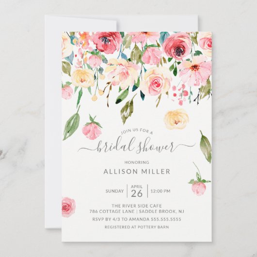 Rosa Gelbe Rose Peonys Brautparty Einladung (Vorderseite)