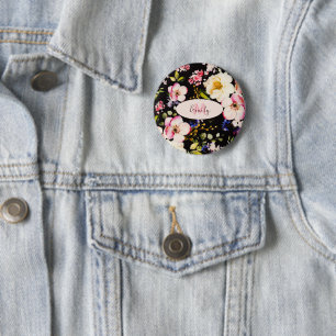 Rosa-gelbe Rosen in Aquarellfarbe auf schwarz, Mon Button