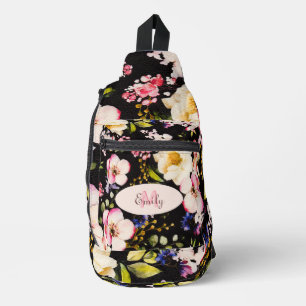 Rosa-gelbe Rosen in Aquarellfarbe auf schwarz, Mon Crossbody Bag