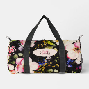 Rosa-gelbe Rosen in Aquarellfarbe auf schwarz, Mon Duffle Bag