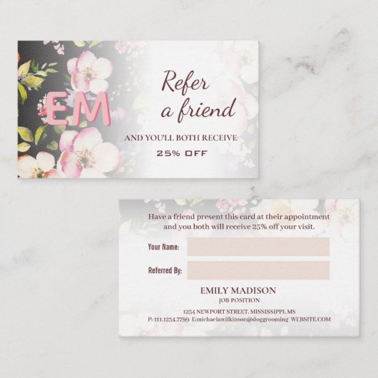 Rosa-gelbe Rosen in Aquarellfarbe auf schwarz, Mon Empfehlungskarte (Vorne/Hinten)