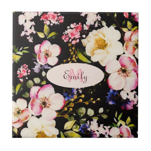 Rosa-gelbe Rosen in Aquarellfarbe auf schwarz, Mon Fliese (Vorderseite)