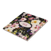 Rosa-gelbe Rosen in Aquarellfarbe auf schwarz, Mon Fliese (Seite)