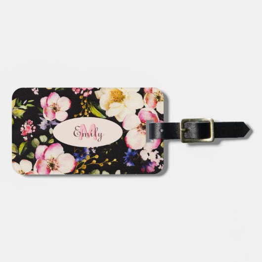 Rosa-gelbe Rosen in Aquarellfarbe auf schwarz, Mon Gepäckanhänger (Vorderseite horizontal)