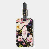 Rosa-gelbe Rosen in Aquarellfarbe auf schwarz, Mon Gepäckanhänger (Vorderseite vertikal)