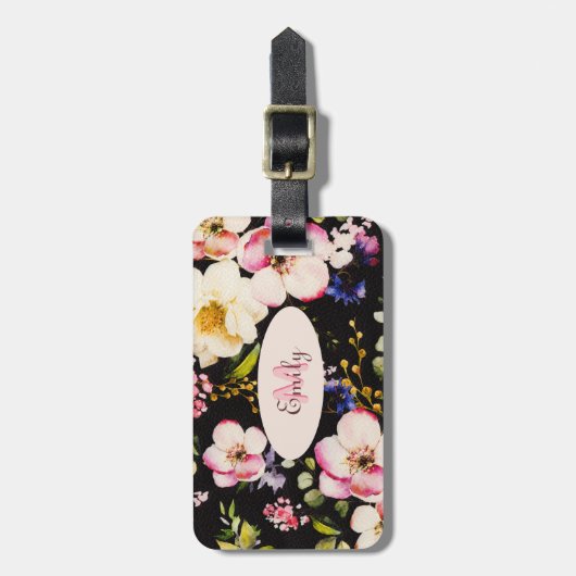 Rosa-gelbe Rosen in Aquarellfarbe auf schwarz, Mon Gepäckanhänger (Vorderseite vertikal)