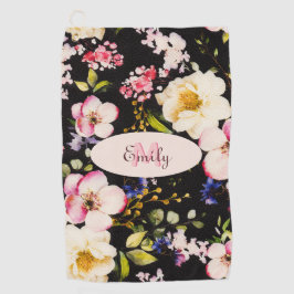 Rosa-gelbe Rosen in Aquarellfarbe auf schwarz, Mon Golfhandtuch