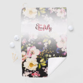 Rosa-gelbe Rosen in Aquarellfarbe auf schwarz, Mon Golfhandtuch (Insitu)