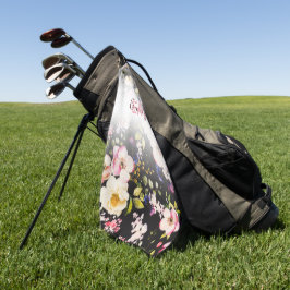 Rosa-gelbe Rosen in Aquarellfarbe auf schwarz, Mon Golfhandtuch