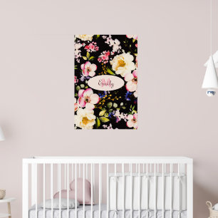 Rosa-gelbe Rosen in Aquarellfarbe auf schwarz, Mon Poster