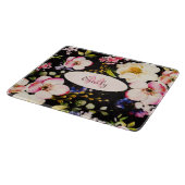 Rosa-gelbe Rosen in Aquarellfarbe auf schwarz, Mon Schneidebrett (Ecke)