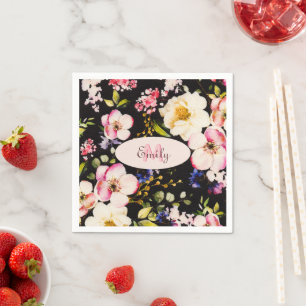 Rosa-gelbe Rosen in Aquarellfarbe auf schwarz, Mon Serviette