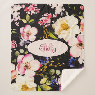 Rosa-gelbe Rosen in Aquarellfarbe auf schwarz, Mon Sherpadecke