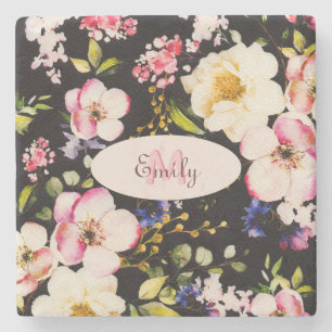 Rosa-gelbe Rosen in Aquarellfarbe auf schwarz, Mon Steinuntersetzer