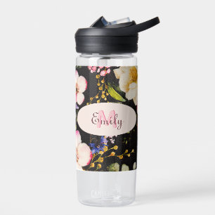 Rosa-gelbe Rosen in Aquarellfarbe auf schwarz, Mon Trinkflasche