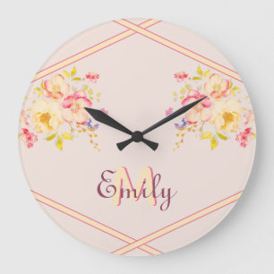 Rosa Gelbe Rosen, Linien, Monogramm Große Wanduhr