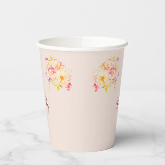 Rosa Gelbe Rosen, Monogramm Pappbecher (Links)