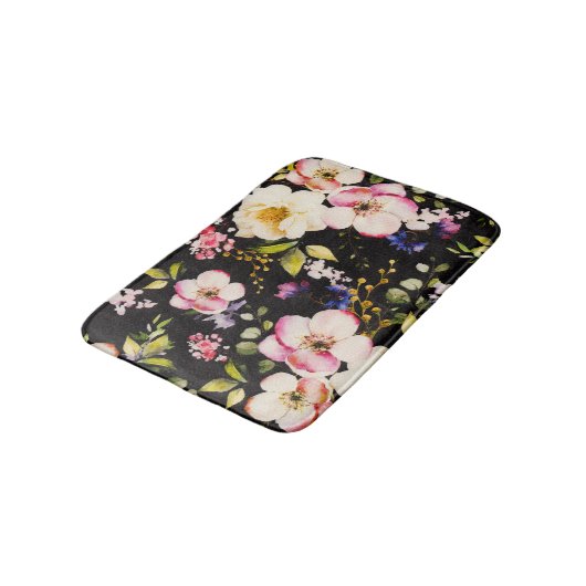 Rosa gelbe Rosen, schwarzer Hintergrund Badematte (Schrägansicht)