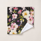 Rosa gelbe Rosen, schwarzer Hintergrund Badhandtuch Set (Waschlappen)