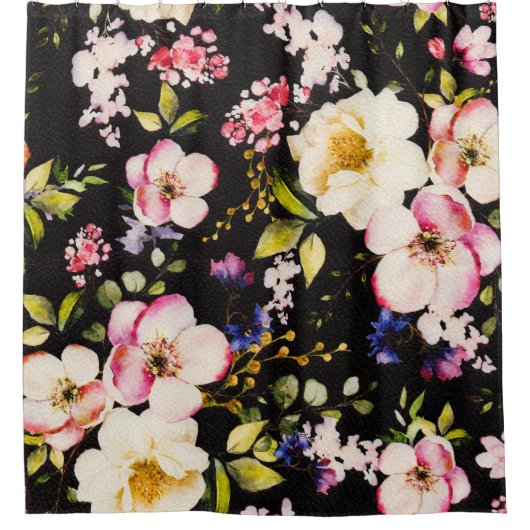 Rosa gelbe Rosen, schwarzer Hintergrund Duschvorhang (Vorderseite)