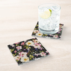 Rosa gelbe Rosen, schwarzer Hintergrund Glasuntersetzer