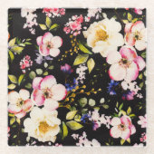 Rosa gelbe Rosen, schwarzer Hintergrund Glasuntersetzer (Vorderseite)