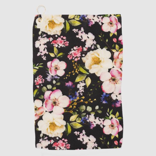 Rosa gelbe Rosen, schwarzer Hintergrund Golfhandtuch (Vorderseite)