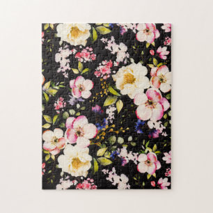 Rosa gelbe Rosen, schwarzer Hintergrund Puzzle
