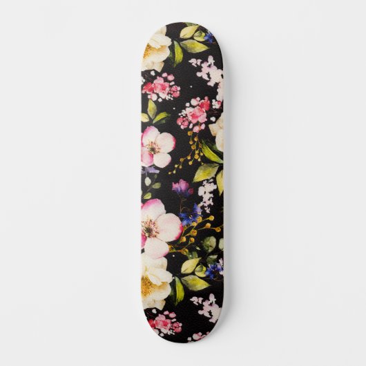 Rosa gelbe Rosen, schwarzer Hintergrund Skateboard (Vorderseite)