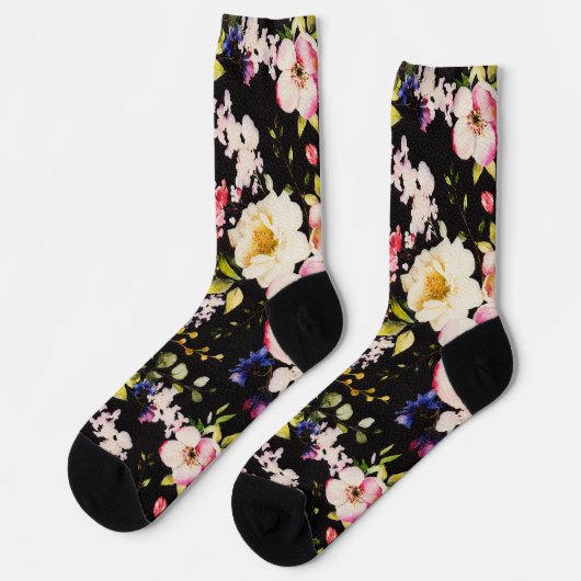 Rosa gelbe Rosen, schwarzer Hintergrund Socken (Linkes Detail)