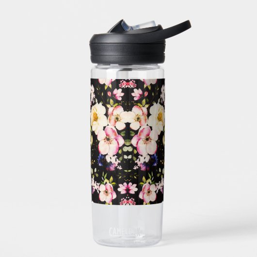 Rosa gelbe Rosen, schwarzer Hintergrund Trinkflasche (Links)