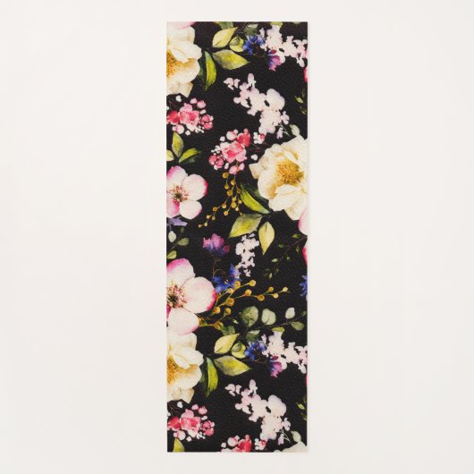 Rosa gelbe Rosen, schwarzer Hintergrund Yogamatte (Vorderseite)
