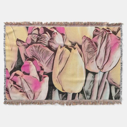 Rosa Gelbe Tulips Retro Zeichnend Decke (Vorderseite)