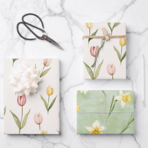 Rosa gelbe Tulpen Osterglocken Blumen Geburtstag Geschenkpapier Set