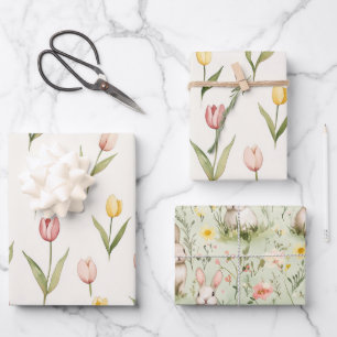 Rosa gelbe Tulpenblumen Ostern Geschenkpapier Set