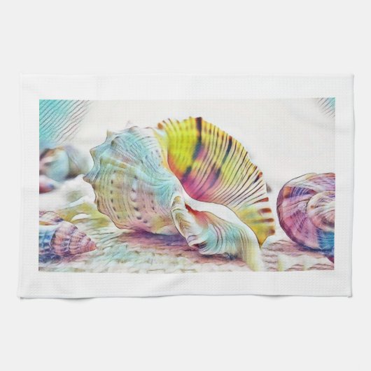 Rosa gelbe und blaue Muscheln Aquarellbilder Geschirrtuch (Horizontal)