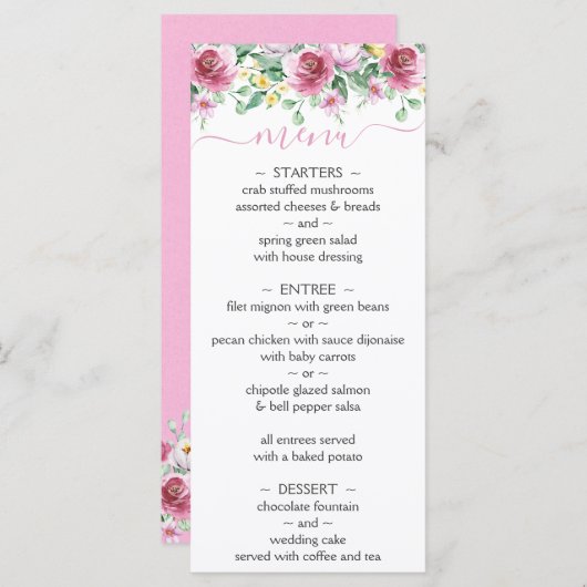 Rosa Gelbe Wasserfarbe Blumenmenü Menükarte (Vorne/Hinten)