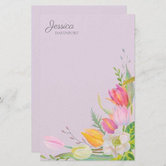 Rosa Gelbe Wasserfarben Tulips Springtime-Blume Briefpapier (Vorne/Hinten)