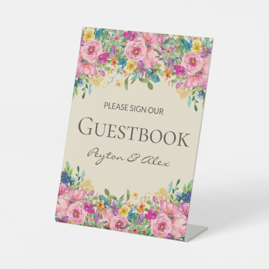 Rosa Gelbe Wildblumen Hochzeit Unterschreiben Sie Sockelschild (Vorderseite)