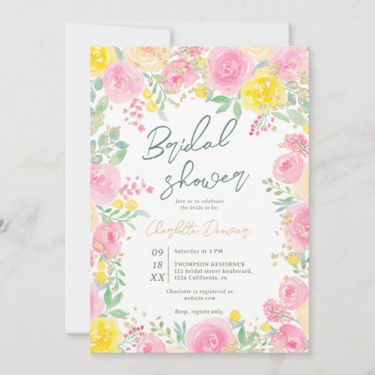 Rosa gelber Garten Blumengarten Brautparty Einladung (Vorderseite)