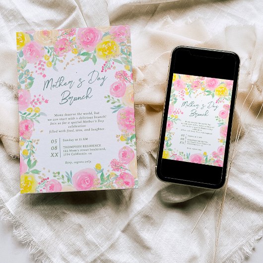 Rosa gelber Garten florale Aquarell Mutter Tag Einladung